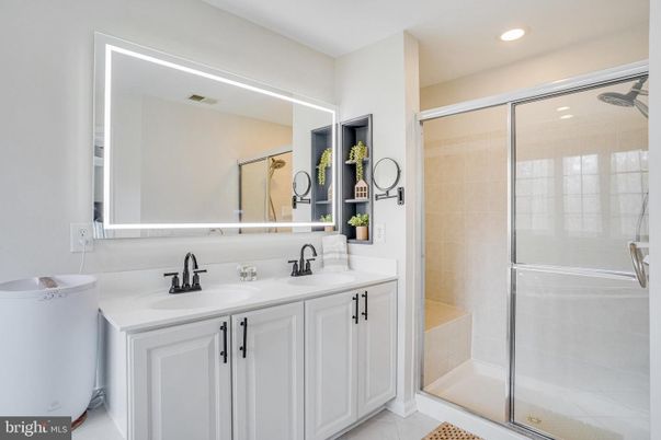 Bathroom, Dual Sink Vanities, Glass Shower, Interior, Recessed Lighting