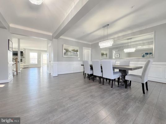 Chandelier, Dining room, Interior, Pendant Lights, Wood Texture Flooring