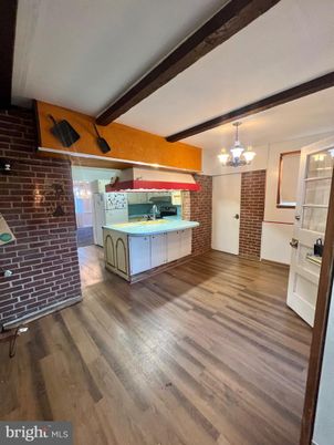 Chandelier, Interior, Kitchen, Stone Walls, Wooden Beams, Wood Texture Flooring