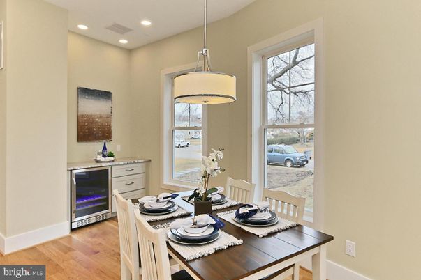 Dining room, Interior, Pendant Lights, Recessed Lighting, Wood Texture Flooring