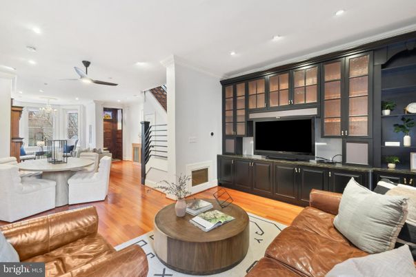 Chandelier, Dining room, Fireplace, Interior, Living room, Recessed Lighting, Wood Texture Flooring