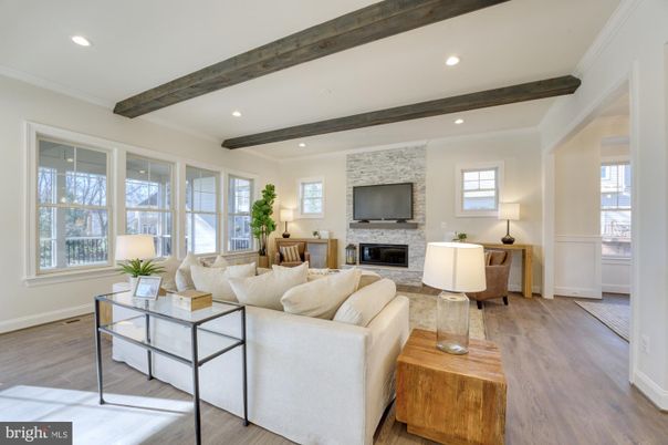 Fireplace, Interior, Living room, Recessed Lighting, Stone Walls, Wooden Beams, Wood Texture Flooring