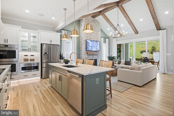 Interior, Kitchen, Living room, Pendant Lights, Recessed Lighting, Stainless Steel Appliances, Stone Walls, Wooden Beams, Wood Texture Flooring
