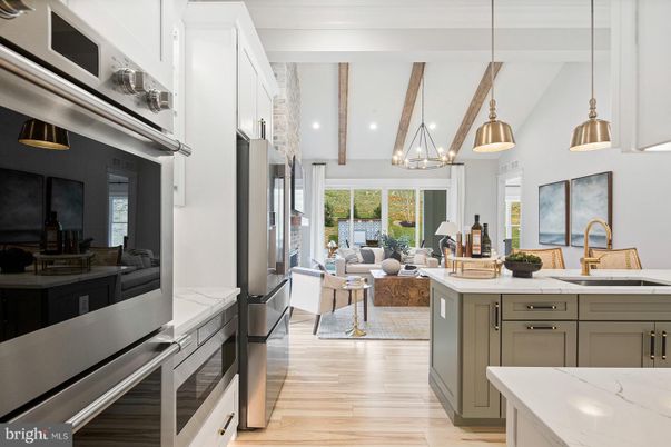 Interior, Kitchen, Living room, Pendant Lights, Recessed Lighting, Stainless Steel Appliances, Wooden Beams, Wood Texture Flooring