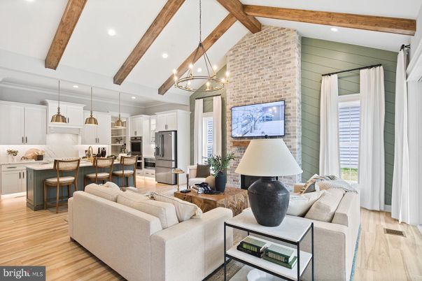 Interior, Kitchen, Living room, Pendant Lights, Recessed Lighting, Stainless Steel Appliances, Stone Walls, Wooden Beams, Wood Texture Flooring