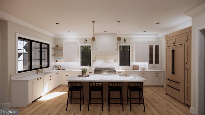 Interior, Kitchen, Pendant Lights, Recessed Lighting, Wood Texture Flooring