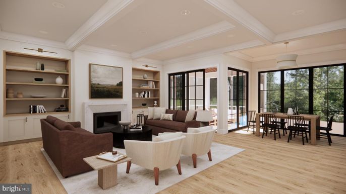 Dining room, Fireplace, Interior, Living room, Pendant Lights, Recessed Lighting, Wood Texture Flooring