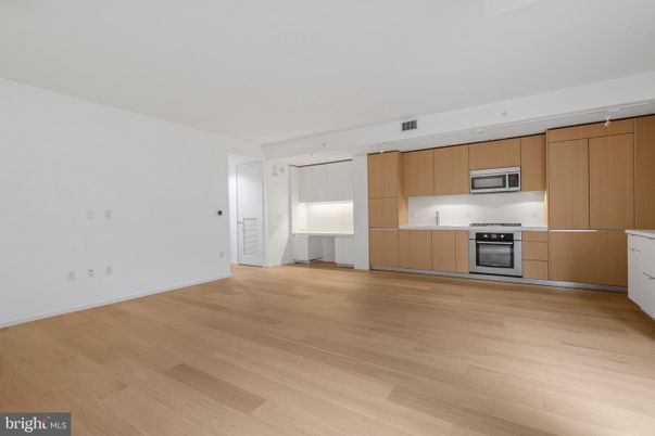 Empty room, Interior, Kitchen, Stainless Steel Appliances, Wood Texture Flooring