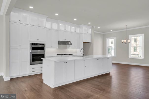 Chandelier, Interior, Kitchen, Recessed Lighting, Stainless Steel Appliances, Wood Texture Flooring
