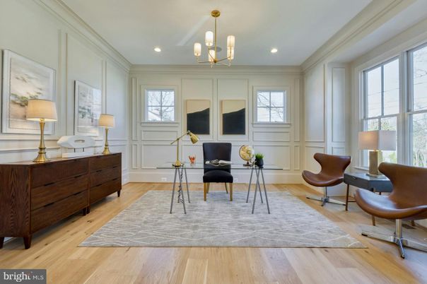 Chandelier, Home Office, Interior, Recessed Lighting, Wood Texture Flooring