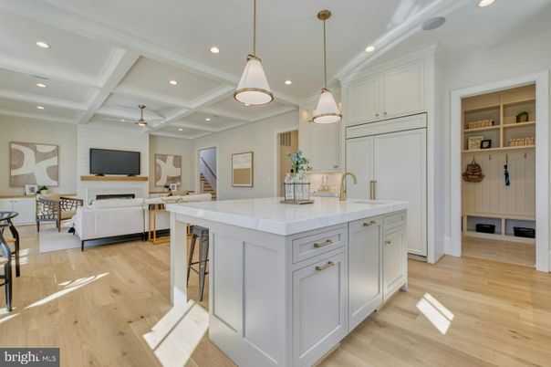 Fireplace, Interior, Kitchen, Living room, Pendant Lights, Recessed Lighting, Wood Texture Flooring