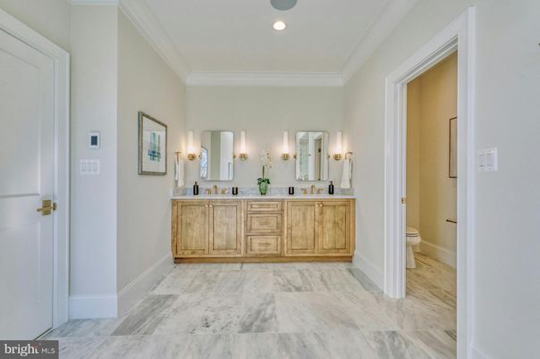 Bathroom, Dual Sink Vanities, Interior, Marble, Recessed Lighting