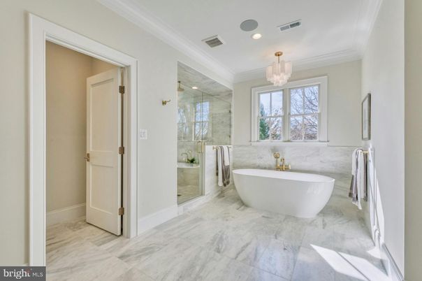 Bathroom, Chandelier, Free Standing Baths, Glass Shower, Interior, Marble, Marble Walls, Recessed Lighting