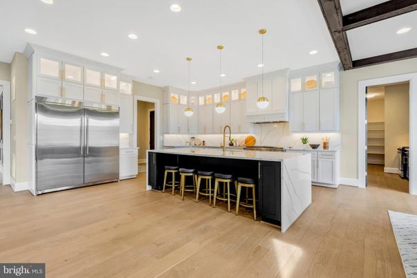 Interior, Kitchen, Pendant Lights, Recessed Lighting, Stainless Steel Appliances, Wooden Beams, Wood Texture Flooring