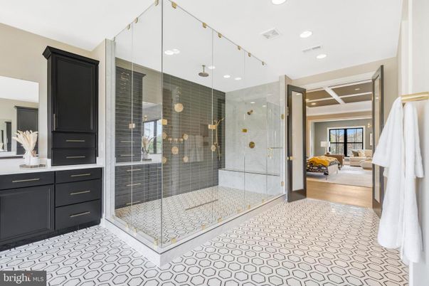 Bathroom, Glass Shower, Interior, Recessed Lighting, Wood Texture Flooring