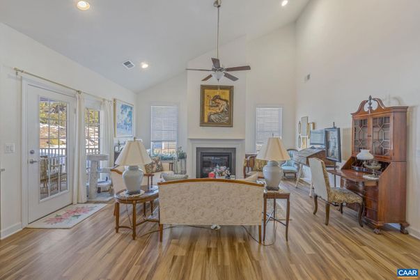 Fireplace, Interior, Living room, Recessed Lighting, Wood Texture Flooring