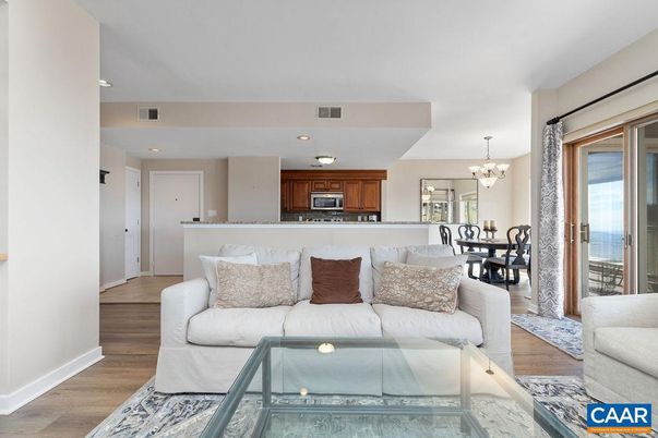 Chandelier, Dining room, Interior, Kitchen, Living room, Recessed Lighting, Stainless Steel Appliances, Wood Texture Flooring