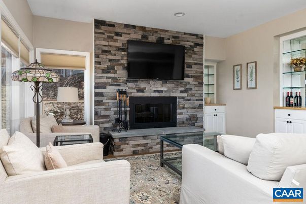Fireplace, Interior, Living room, Recessed Lighting, Stone Walls