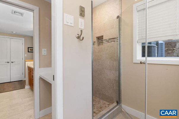 Bathroom, Glass Shower, Interior, Wood Texture Flooring