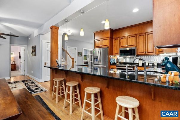 Interior, Kitchen, Pendant Lights, Recessed Lighting, Stainless Steel Appliances, Wood Texture Flooring