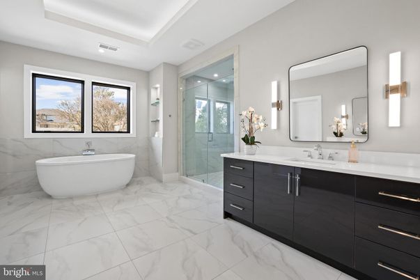 Bathroom, Dual Sink Vanities, Free Standing Baths, Glass Shower, Interior, Marble, Recessed Lighting