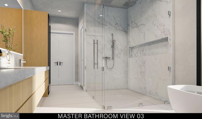 Bathroom, Free Standing Baths, Glass Shower, Interior, Marble Walls, Recessed Lighting