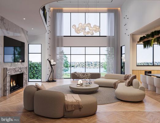 Fireplace, Interior, Living room, Pendant Lights, Recessed Lighting, Wood Texture Flooring