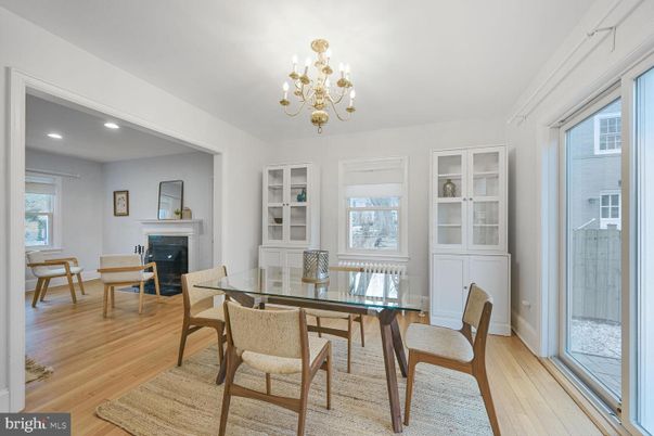 Chandelier, Dining room, Fireplace, Interior, Recessed Lighting, Wood Texture Flooring