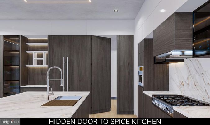 Interior, Kitchen, Marble Walls, Recessed Lighting, Stainless Steel Appliances