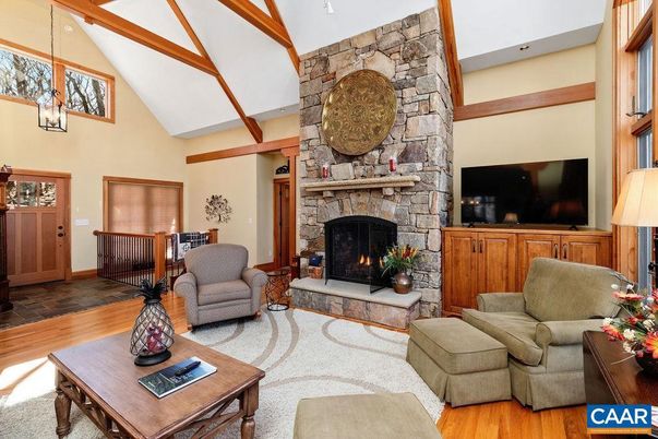 Fireplace, Interior, Living room, Pendant Lights, Stone Walls, Wooden Beams, Wood Texture Flooring