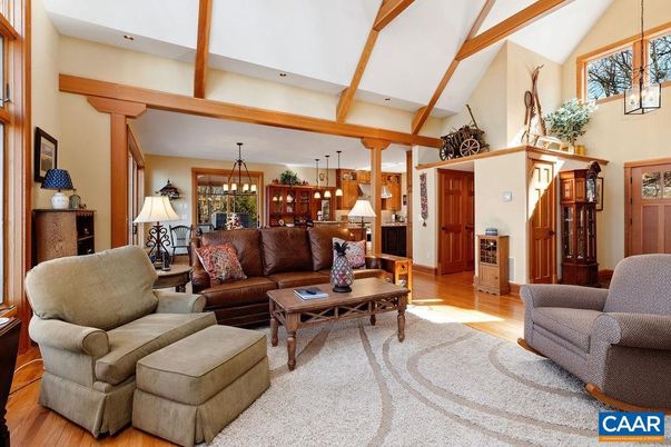 Interior, Living room, Pendant Lights, Recessed Lighting, Wooden Beams, Wood Texture Flooring