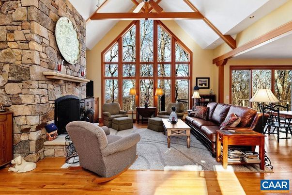 Fireplace, Interior, Living room, Stone Walls, Wooden Beams, Wood Texture Flooring