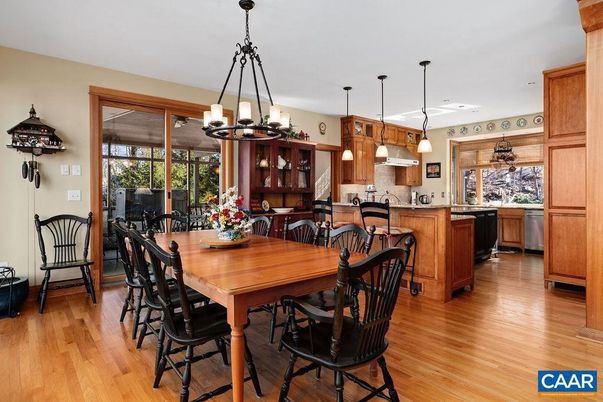 Dining room, Interior, Kitchen, Pendant Lights, Wood Texture Flooring