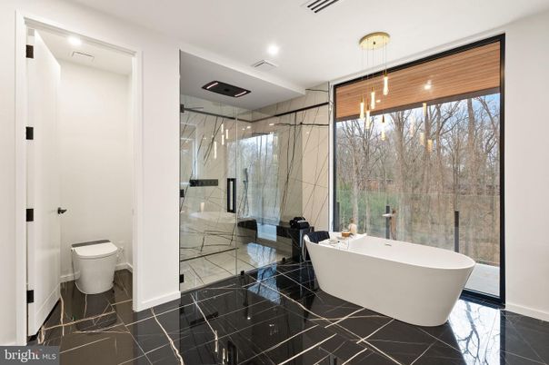 Bathroom, Free Standing Baths, Glass Shower, Interior, Marble, Marble Walls, Recessed Lighting