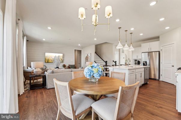 Dining room, Interior, Kitchen, Living room, Pendant Lights, Recessed Lighting, Stainless Steel Appliances, Wood Texture Flooring