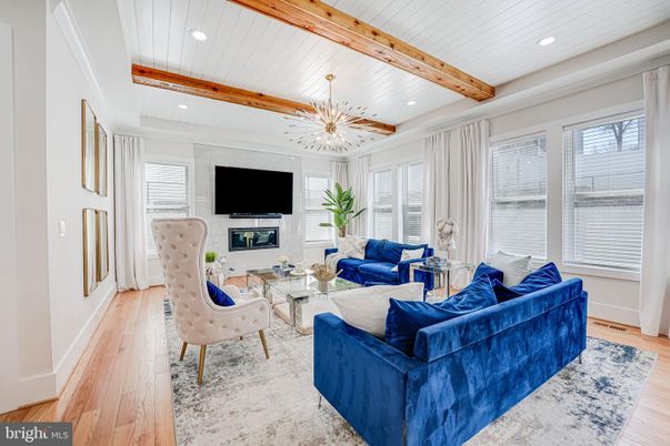 Fireplace, Interior, Living room, Pendant Lights, Recessed Lighting, Wooden Beams, Wood Texture Flooring