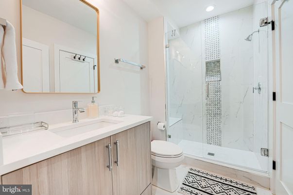 Bathroom, Glass Shower, Interior, Marble Walls, Recessed Lighting