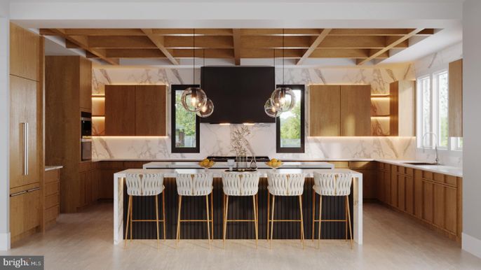 Interior, Kitchen, Marble Walls, Pendant Lights, Wooden Beams