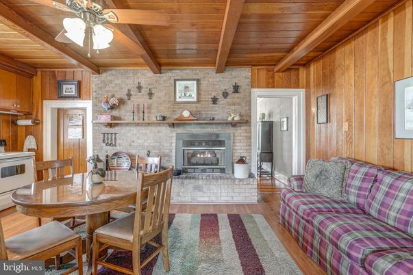 Dining room, Fireplace, Interior, Stone Walls, Wooden Beams, Wooden Ceilings, Wood Texture Flooring, Wooden Walls