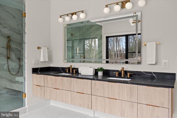 Bathroom, Dual Sink Vanities, Glass Shower, Interior, Marble, Marble Walls