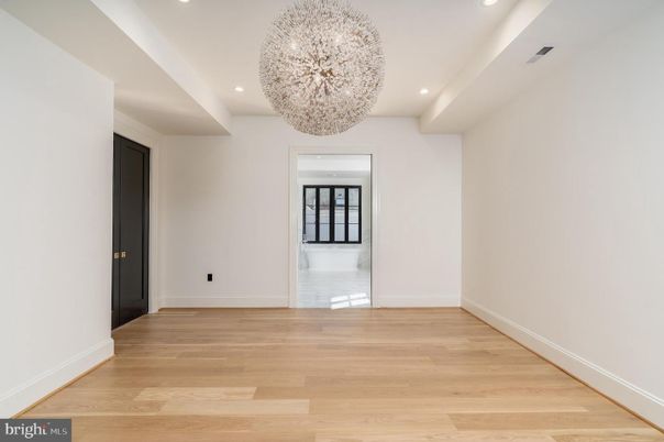 Chandelier, Empty room, Interior, Recessed Lighting, Wood Texture Flooring