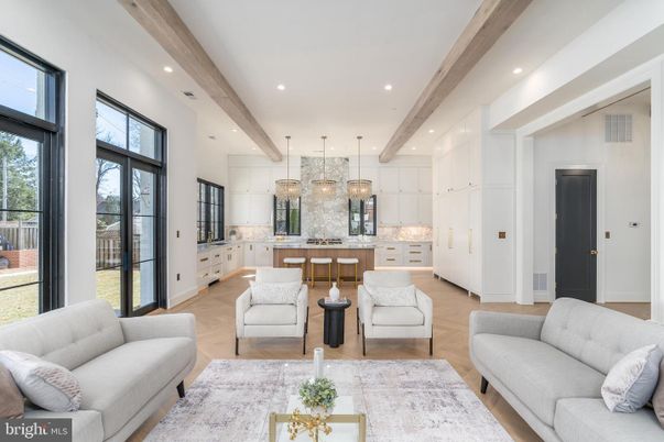 Chandelier, Interior, Kitchen, Living room, Pendant Lights, Recessed Lighting, Wooden Beams, Wood Texture Flooring