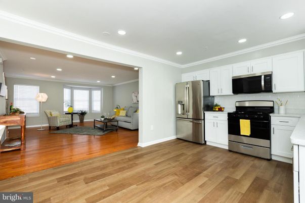 Interior, Kitchen, Living room, Recessed Lighting, Stainless Steel Appliances, Wood Texture Flooring