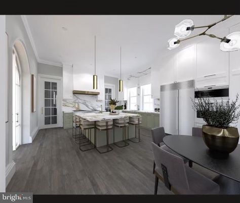 Dining room, Interior, Kitchen, Marble Walls, Pendant Lights, Stainless Steel Appliances, Wood Texture Flooring