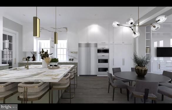 Dining room, Interior, Kitchen, Pendant Lights, Stainless Steel Appliances, Wood Texture Flooring