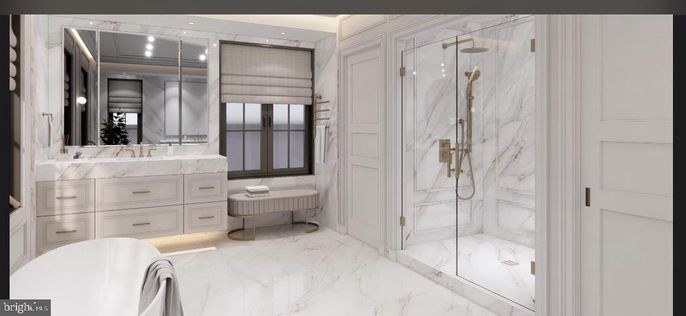 Bathroom, Dual Sink Vanities, Free Standing Baths, Glass Shower, Interior, Marble, Marble Walls, Recessed Lighting