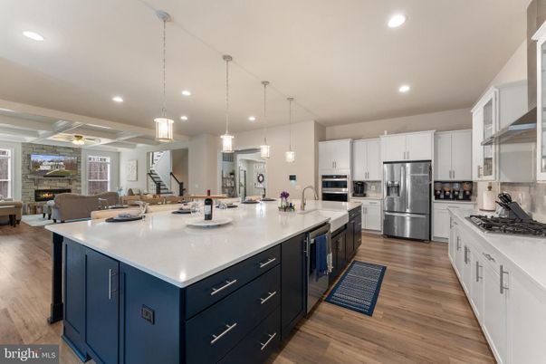 Fireplace, Interior, Kitchen, Living room, Pendant Lights, Recessed Lighting, Stainless Steel Appliances, Wood Texture Flooring