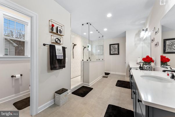 Bathroom, Dual Sink Vanities, Glass Shower, Interior, Recessed Lighting