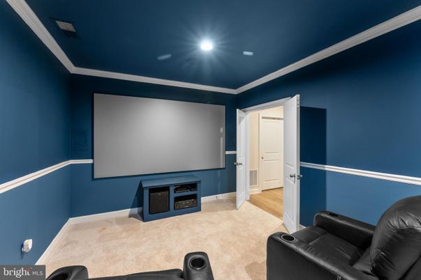 Interior, Projection Screen, Recessed Lighting, Theatre Room, Wood Texture Flooring