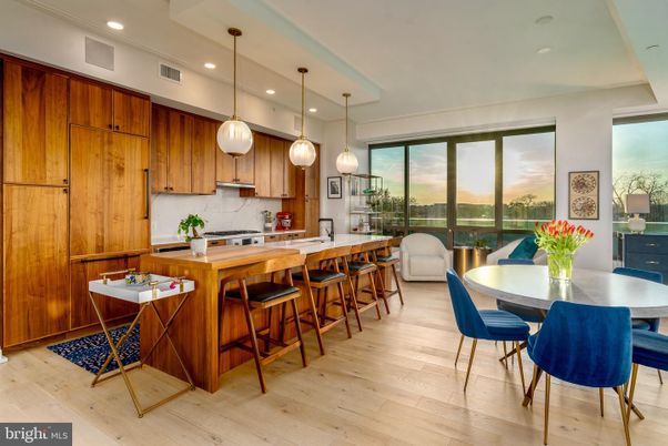 Dining room, Interior, Kitchen, Pendant Lights, Recessed Lighting, Wood Texture Flooring